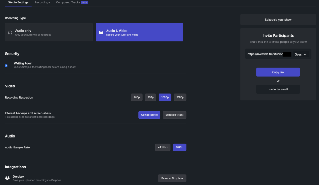 Riverside.fm Studio Quality Options